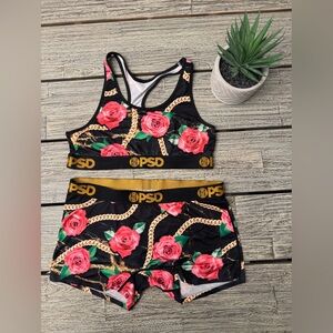 Women's PSD Black and Gold Chain Roses Floral Active Set, Size Large
